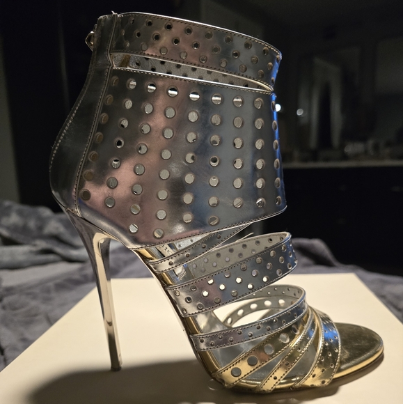 JIMMY CHOO Silver & Gold Metallic Ankle Caged Stilettos - Picture 5 of 14